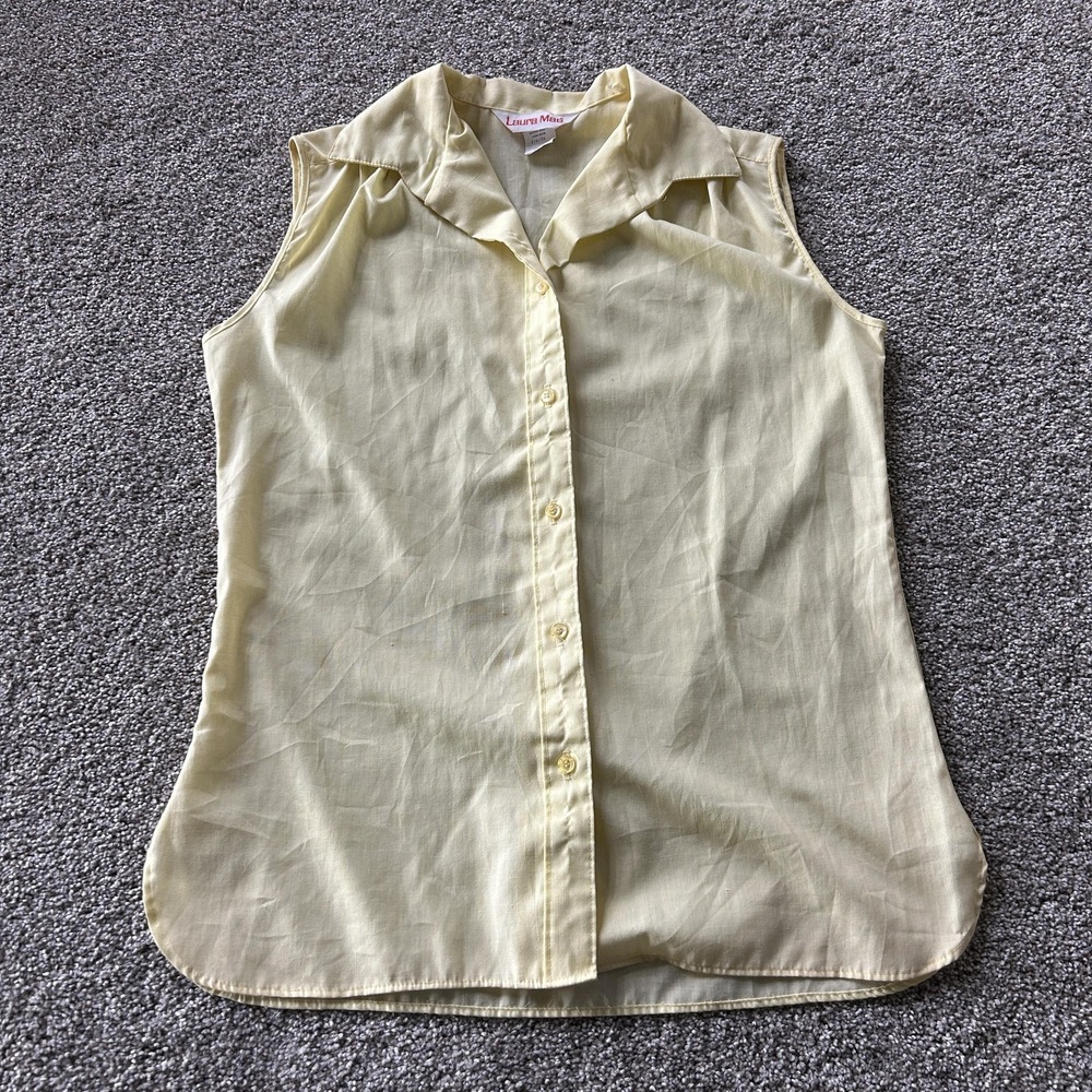 Vintage Laura Mae Blouse Womens 14/34 Yellow Sleeveless Button Front Top USA